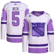 Youth Adidas New York Rangers Barry Beck White/Purple Hockey Fights Cancer Primegreen Jersey - Authentic