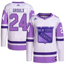 Youth Adidas New York Rangers Bo Groulx White/Purple Hockey Fights Cancer Primegreen Jersey - Authentic