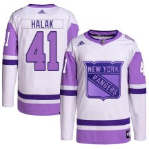 Youth Adidas New York Rangers Jaroslav Halak White/Purple Hockey Fights Cancer Primegreen Jersey - Authentic