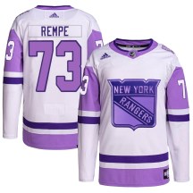 Youth Adidas New York Rangers Matt Rempe White/Purple Hockey Fights Cancer Primegreen Jersey - Authentic